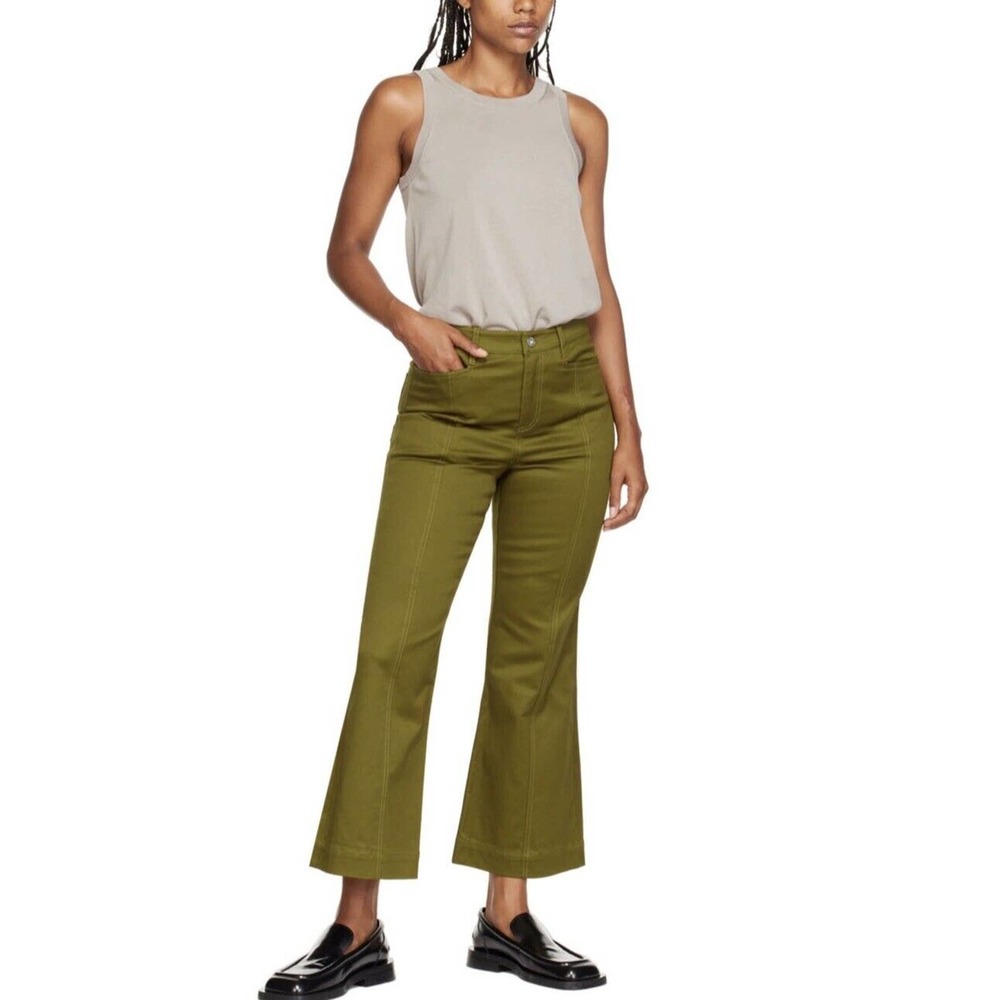 Proenza Schouler WL Cotton Twill Cropped Flare Pants Size 0 Olive Green Stretch‎